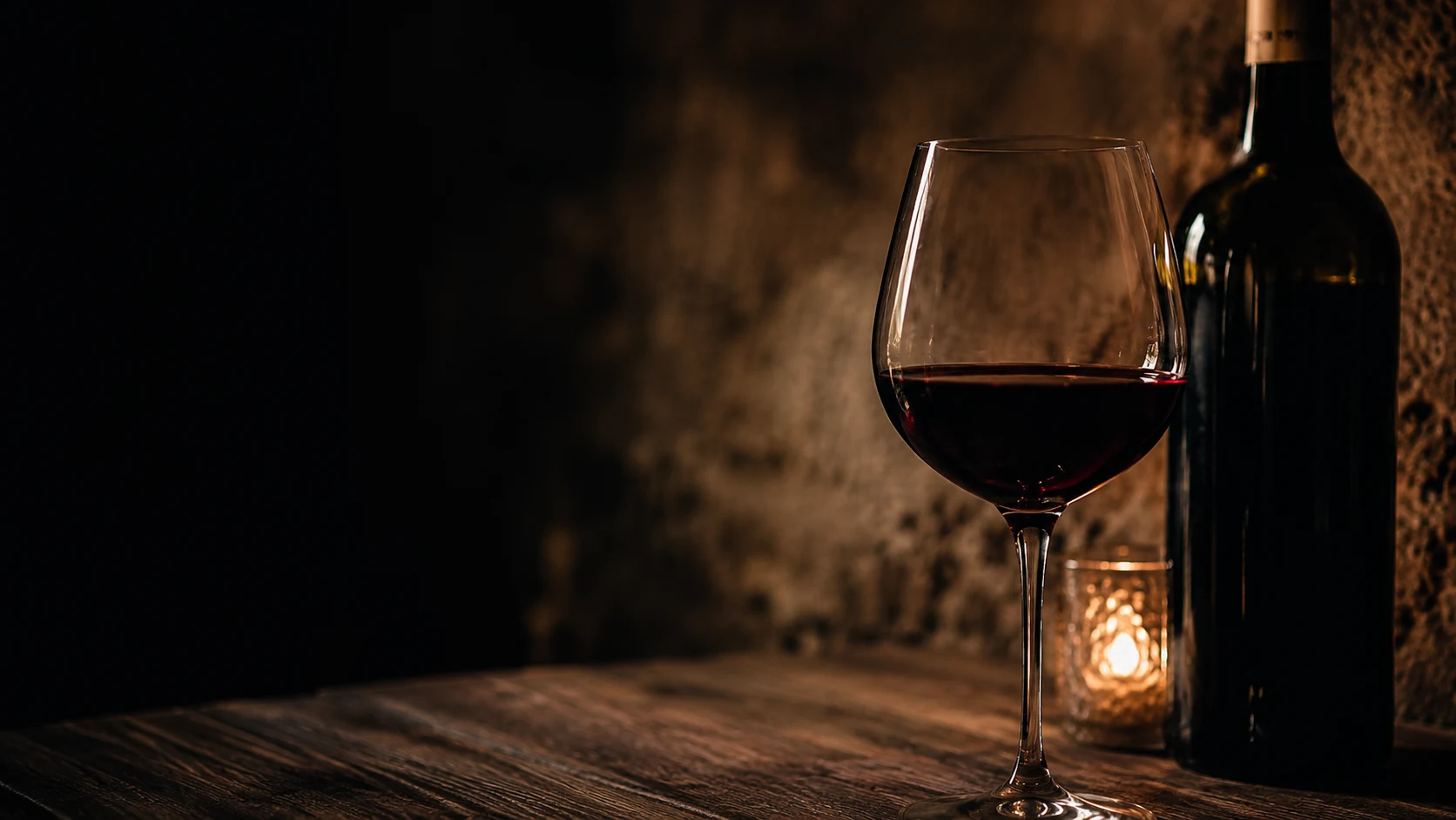 Ett glas rödvin, en flaska och ett värmeljus i mörkt kvällsljus