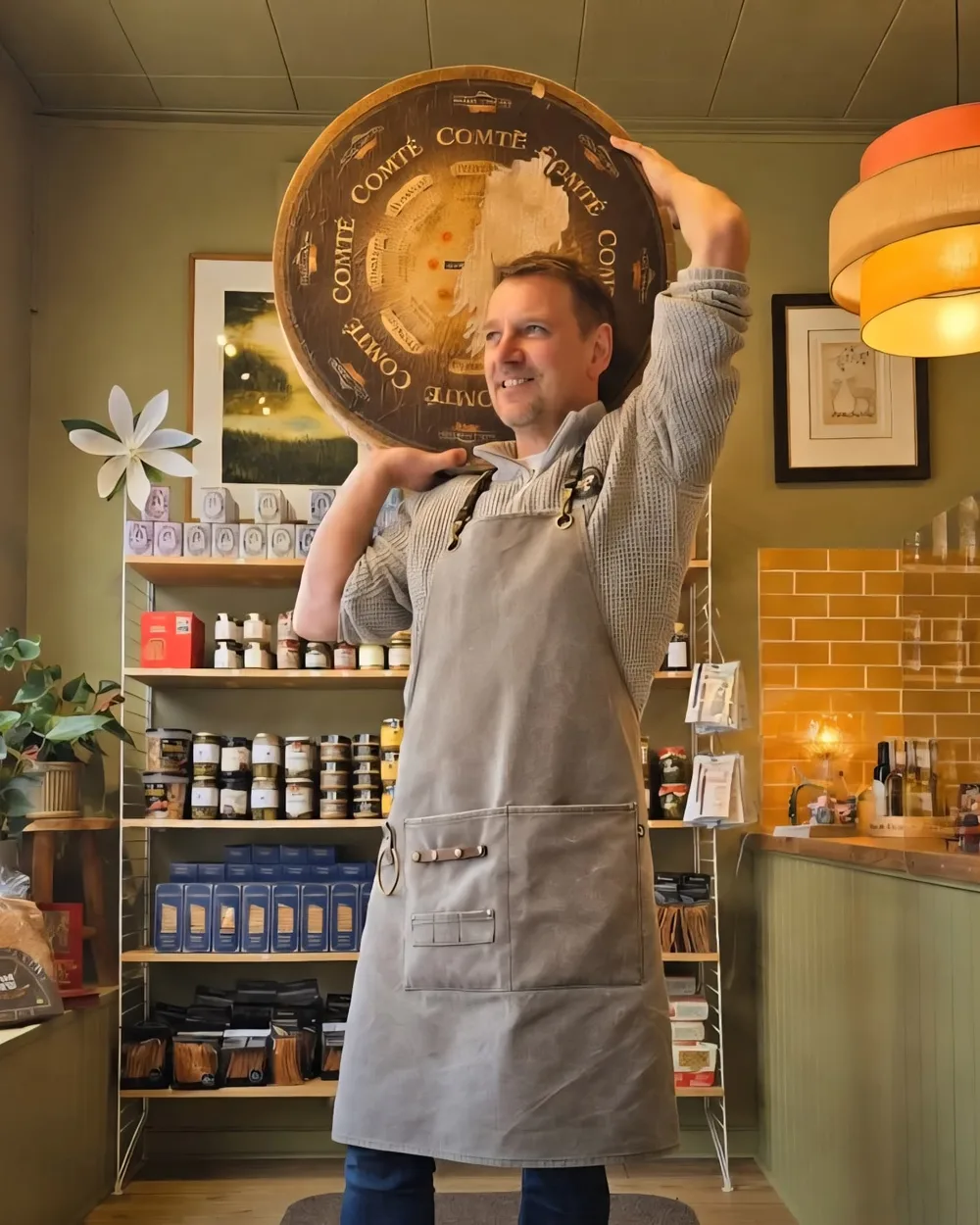 Atle Bye håller ett stort Comté-hjul i Brie & Bekantas butik